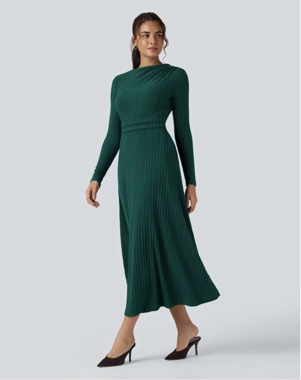 Halara Ribbed Knit Long Sleeve Midi Casual Dress with Pockets